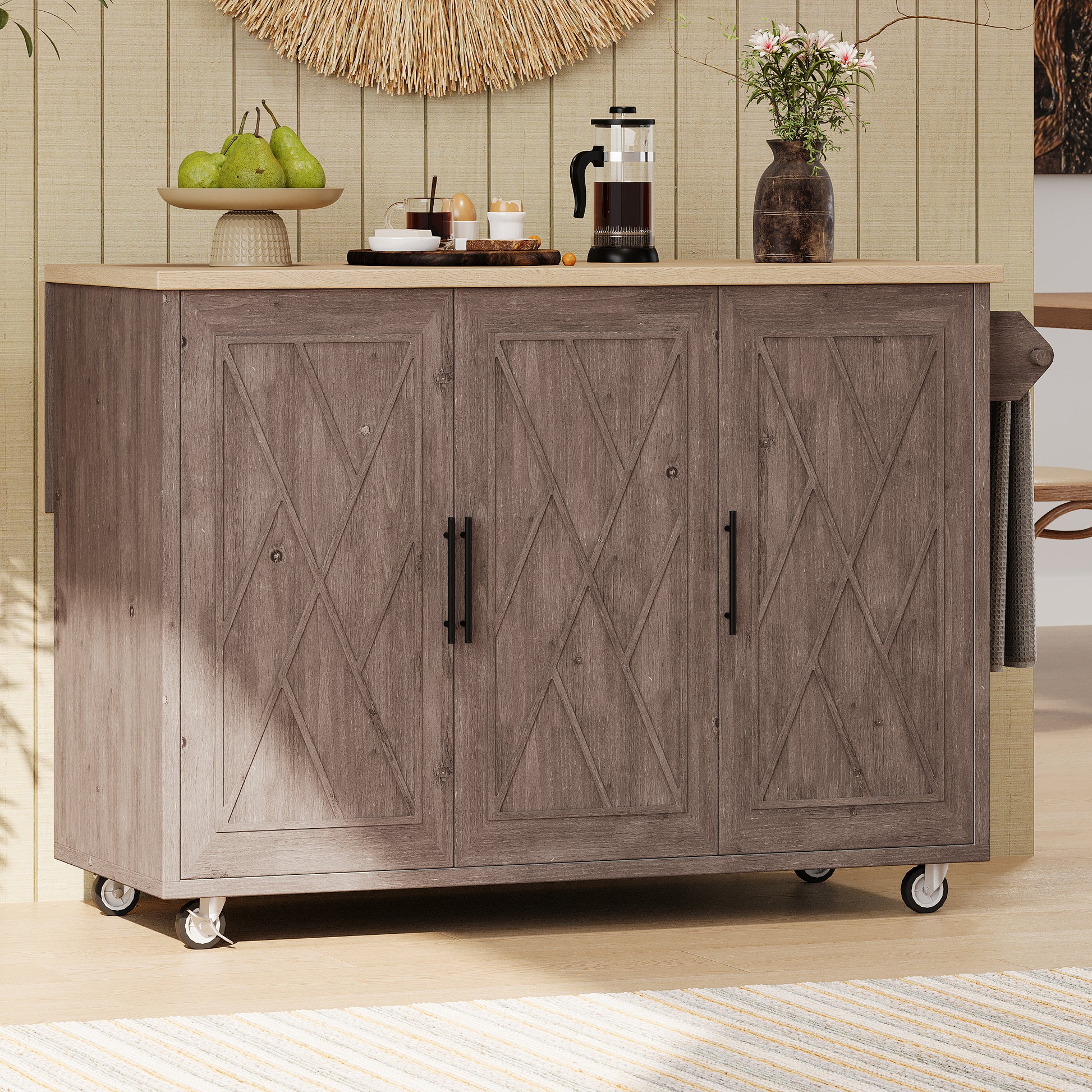 Rustic brown kitchen island cart with three paneled doors and black handles on wheels