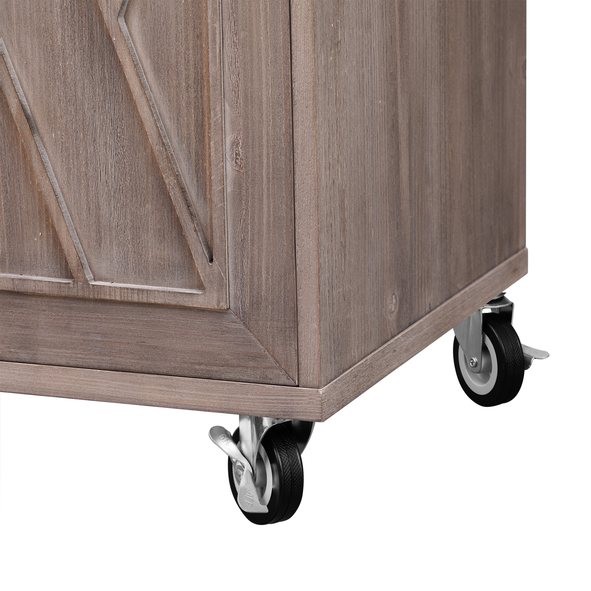Rustic wood storage cabinet with metal caster wheels and locking mechanism