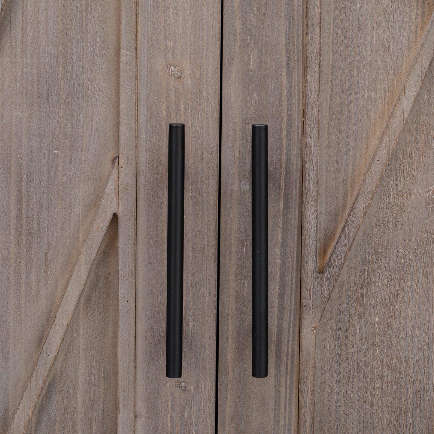 Rustic wooden cabinet doors with black bar handles