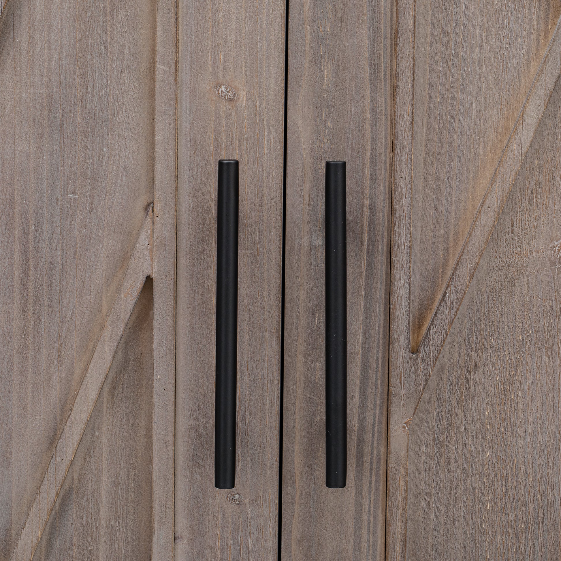 Rustic wooden cabinet doors with black bar handles