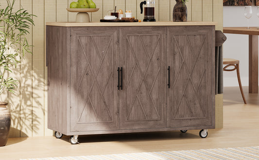 Rustic brown kitchen island cart with three doors and metal casters for mobility and storage