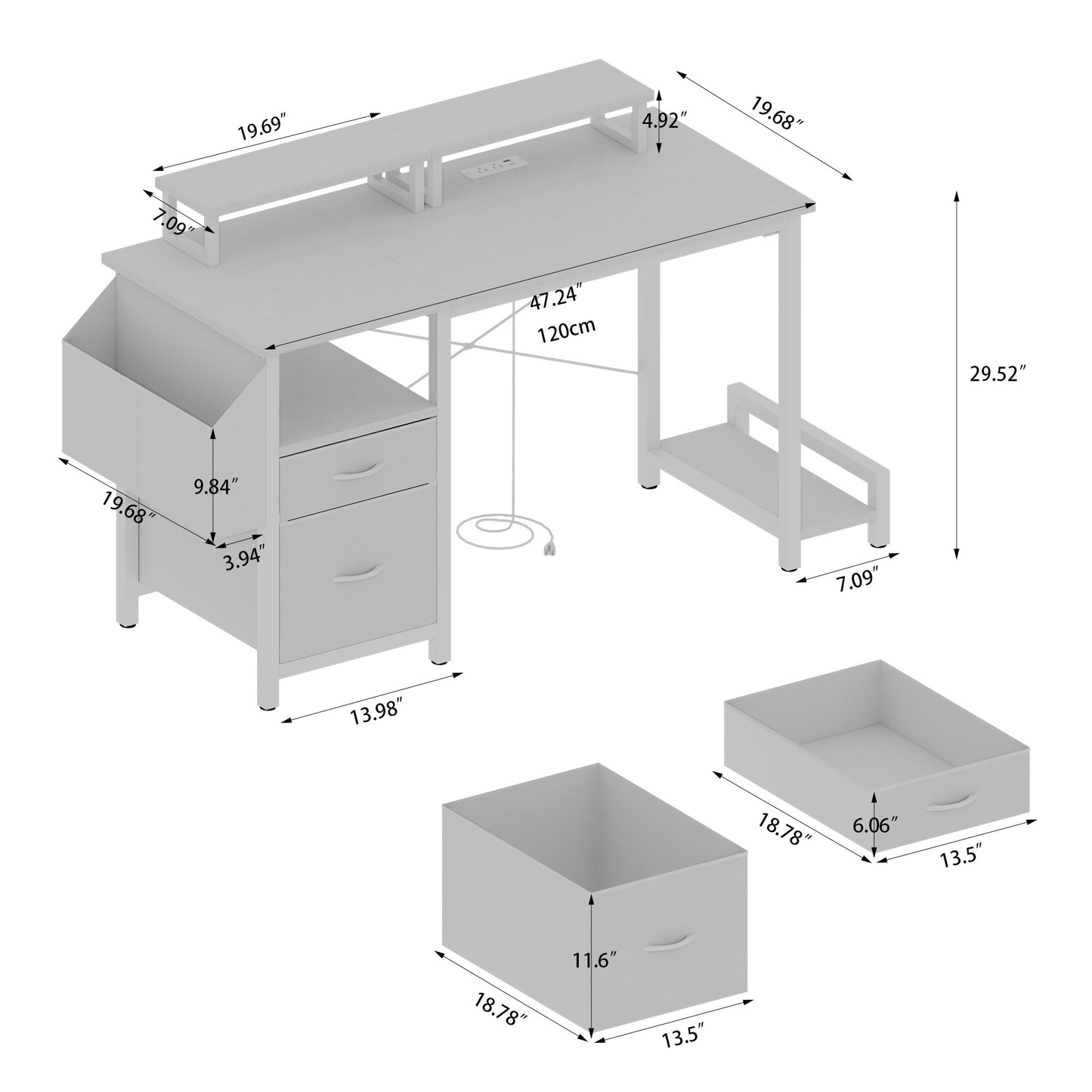 White minimalist computer desk with a tiered shelf builtin power strip and storage cubbies