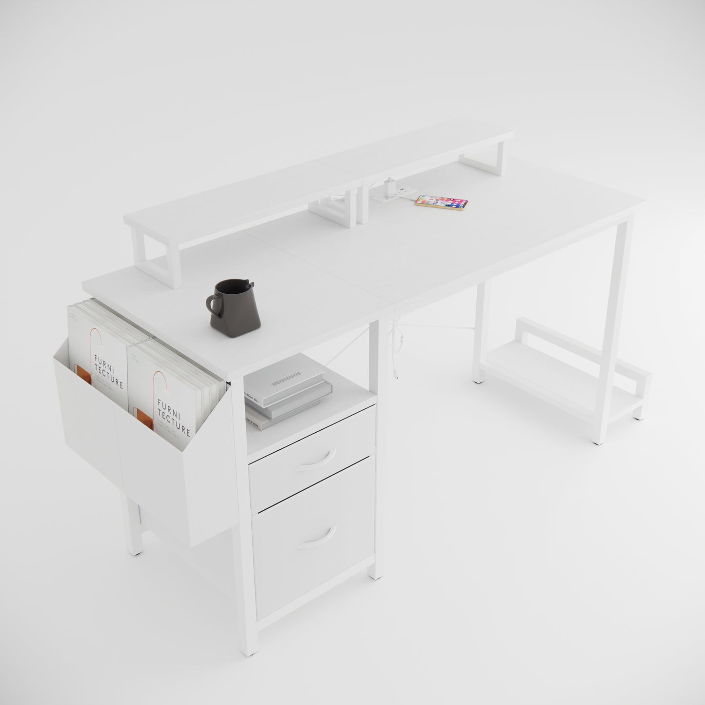 Modern white desk with tiered shelf and integrated drawers for home office