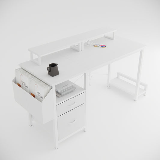 Modern white desk with tiered shelf and integrated drawers for home office