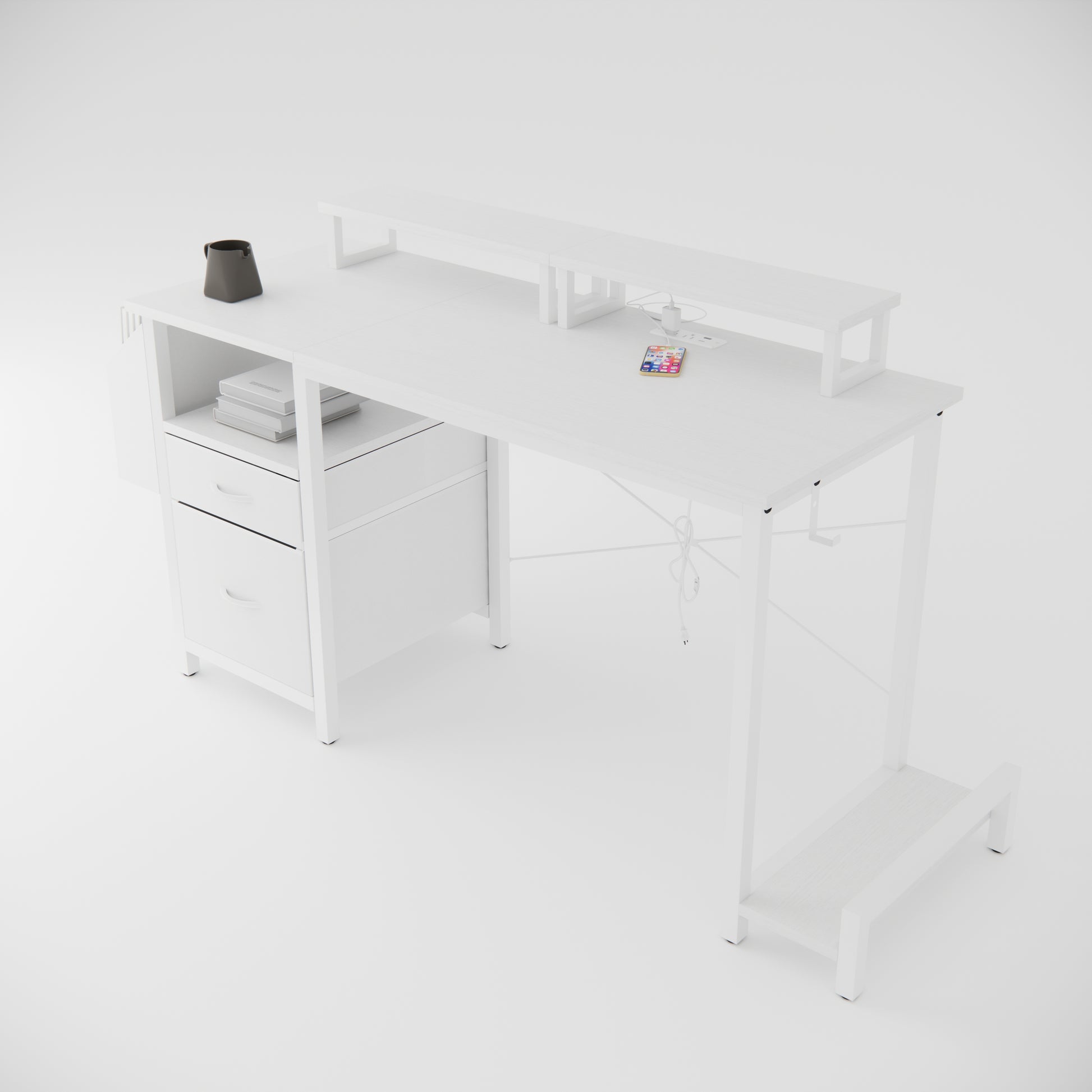 White modern computer desk with monitor stand and drawers