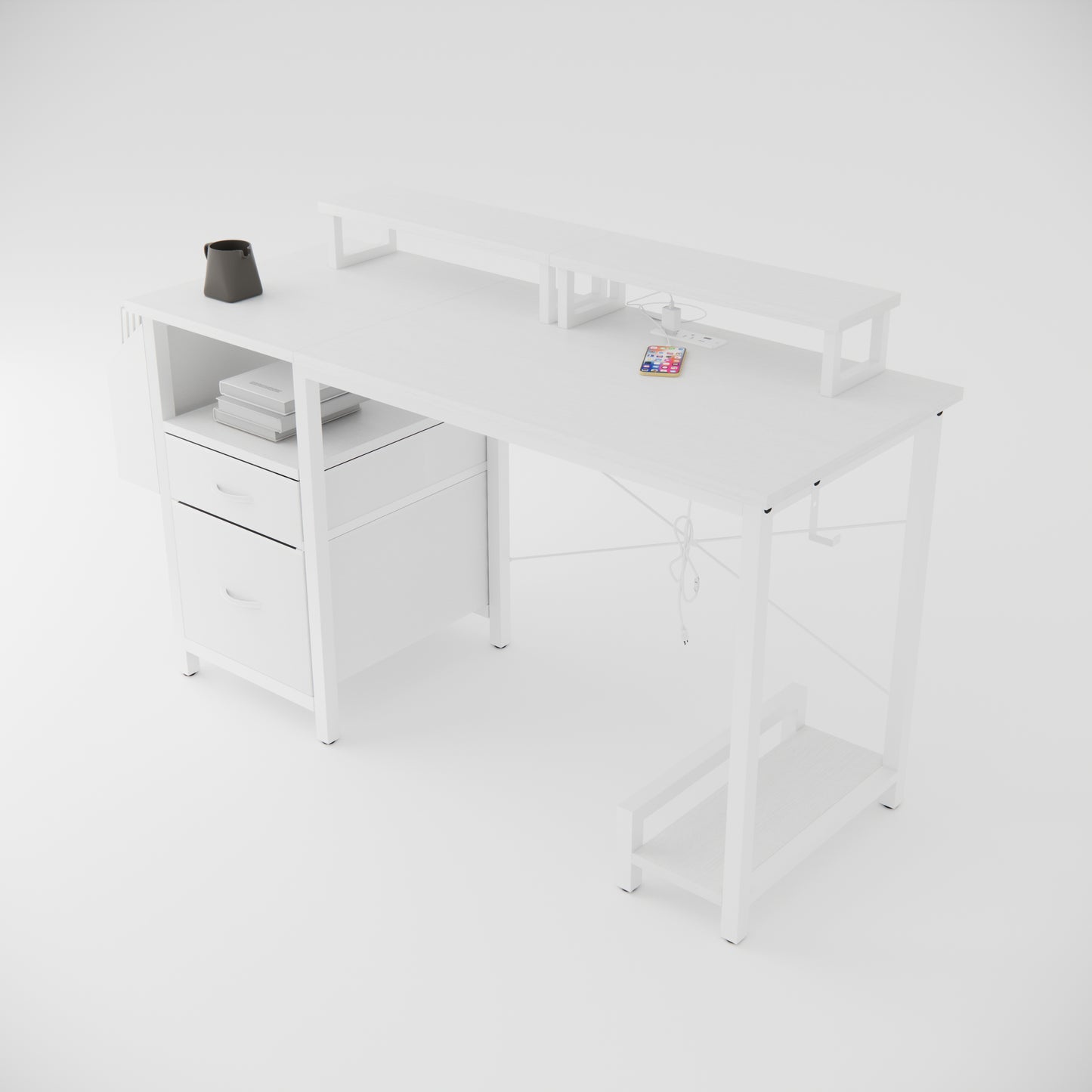 Modern white computer desk with builtin shelving and dual monitor stand