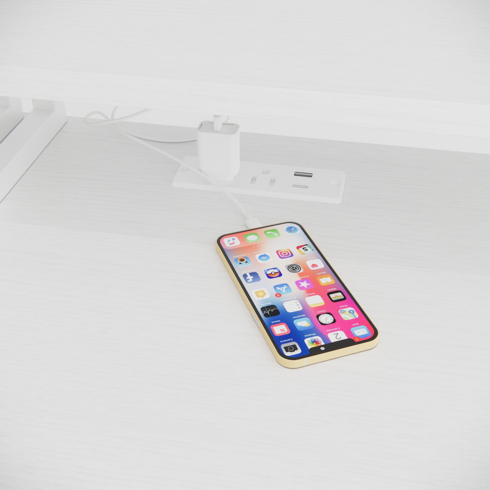 Gold iPhone charging connected to wall adapter and USB power outlet