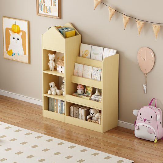 Light wood houseshaped childrens bookshelf with books and toys