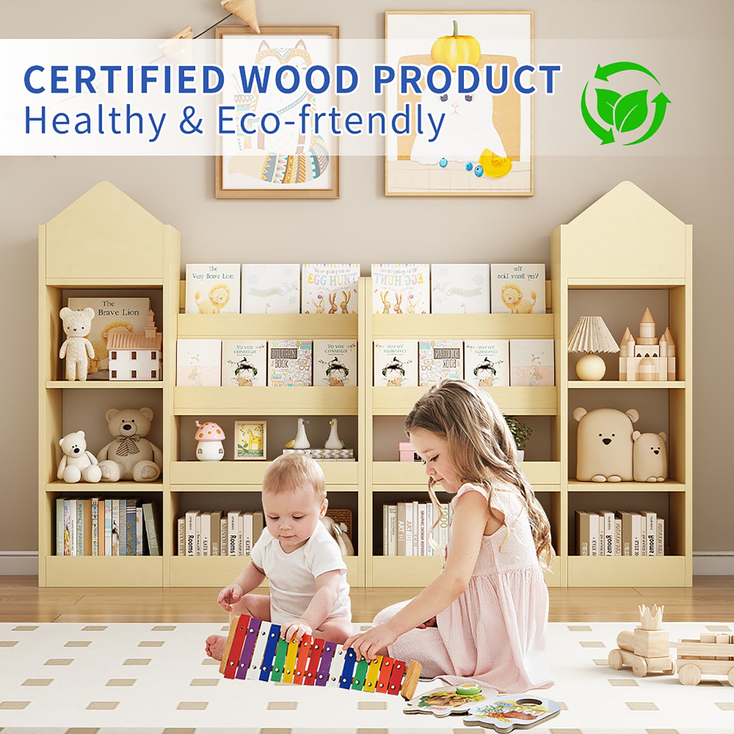 Childrens wooden bookshelf filled with toys and books