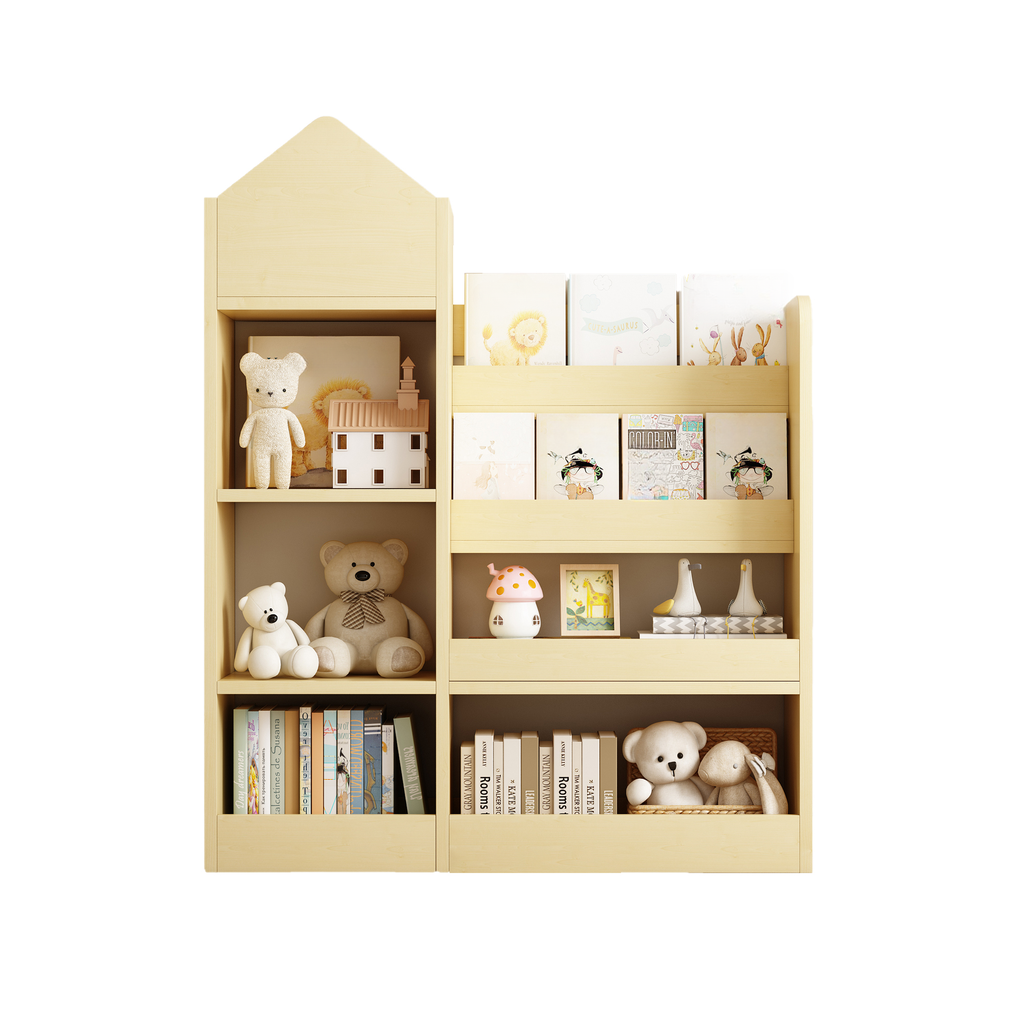 Light wood childrens bookshelf filled with teddy bears and books