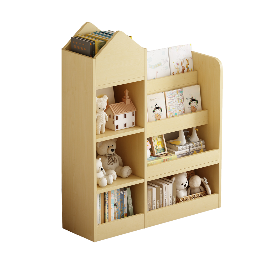 Light wood childrens bookshelf with books toys and decorative house