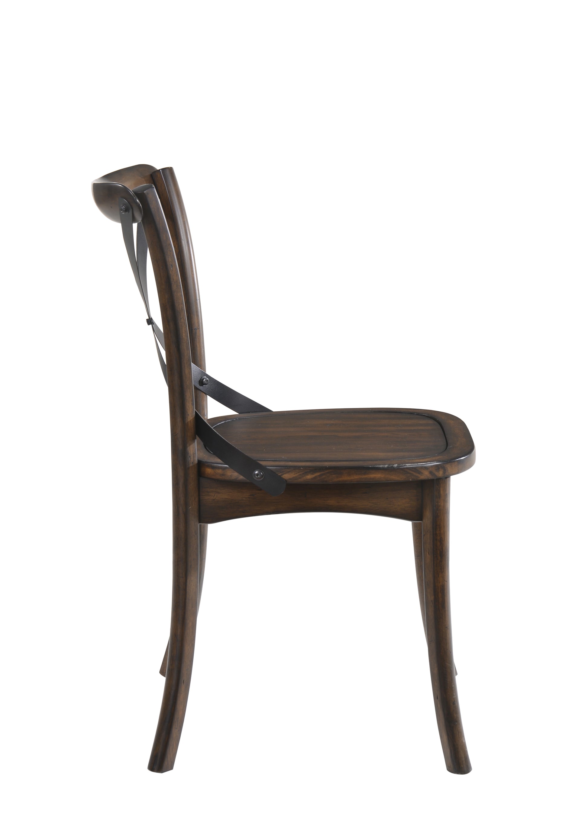 Dark brown wooden crossback dining chair with metal accents
