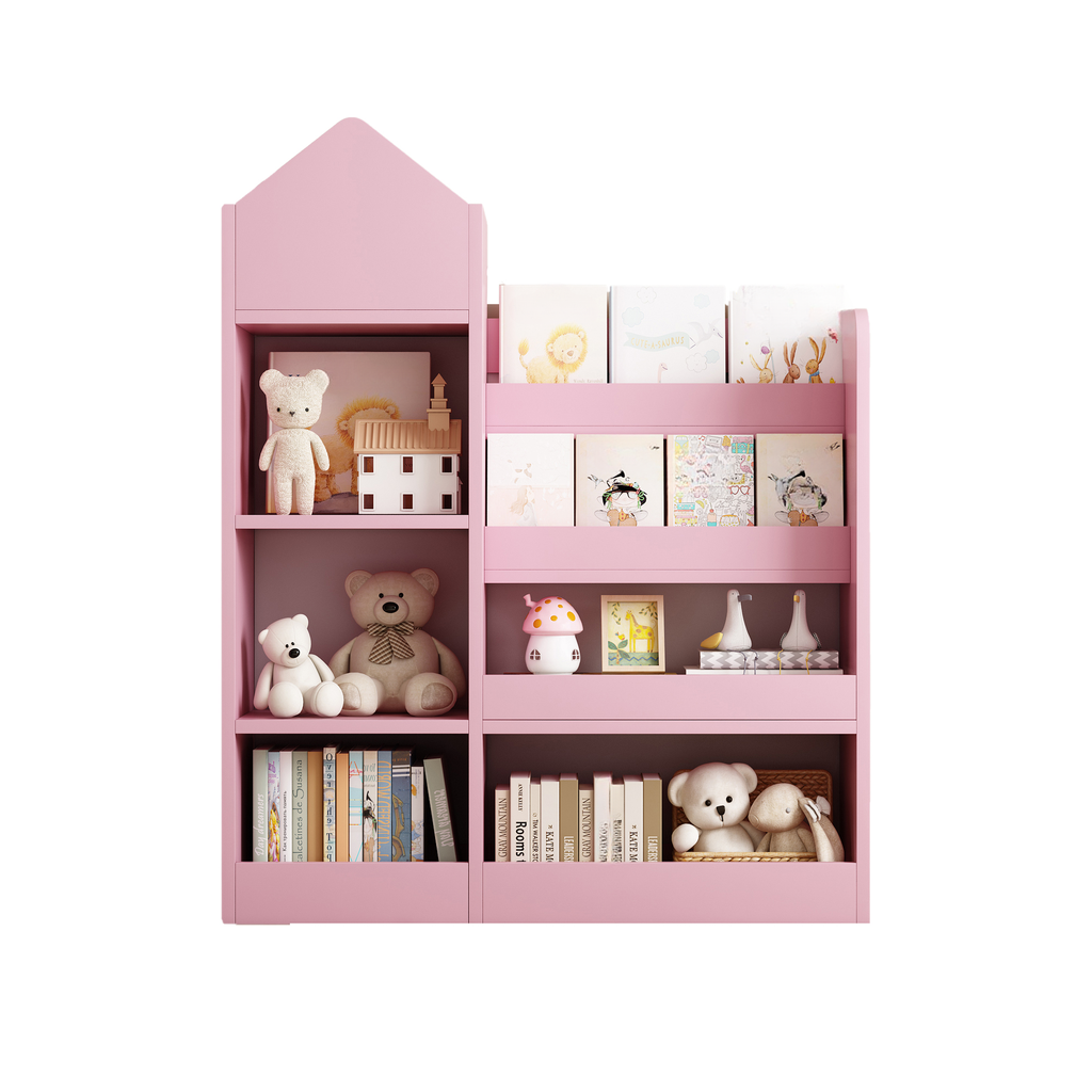 Pink houseshaped bookshelf with stuffed animals and childrens books