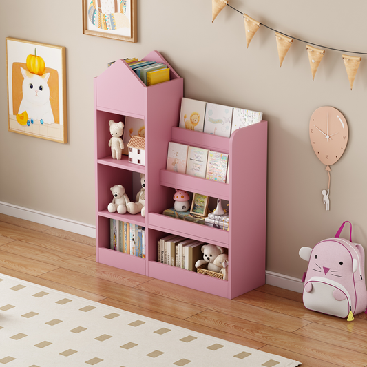 Pink houseshaped bookshelf for children organizing toys and books