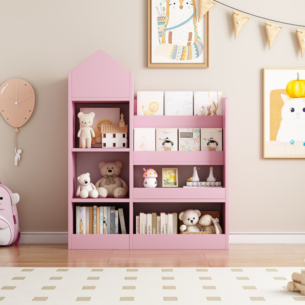Pink childrens bookshelf with stuffed bears and books on shelves