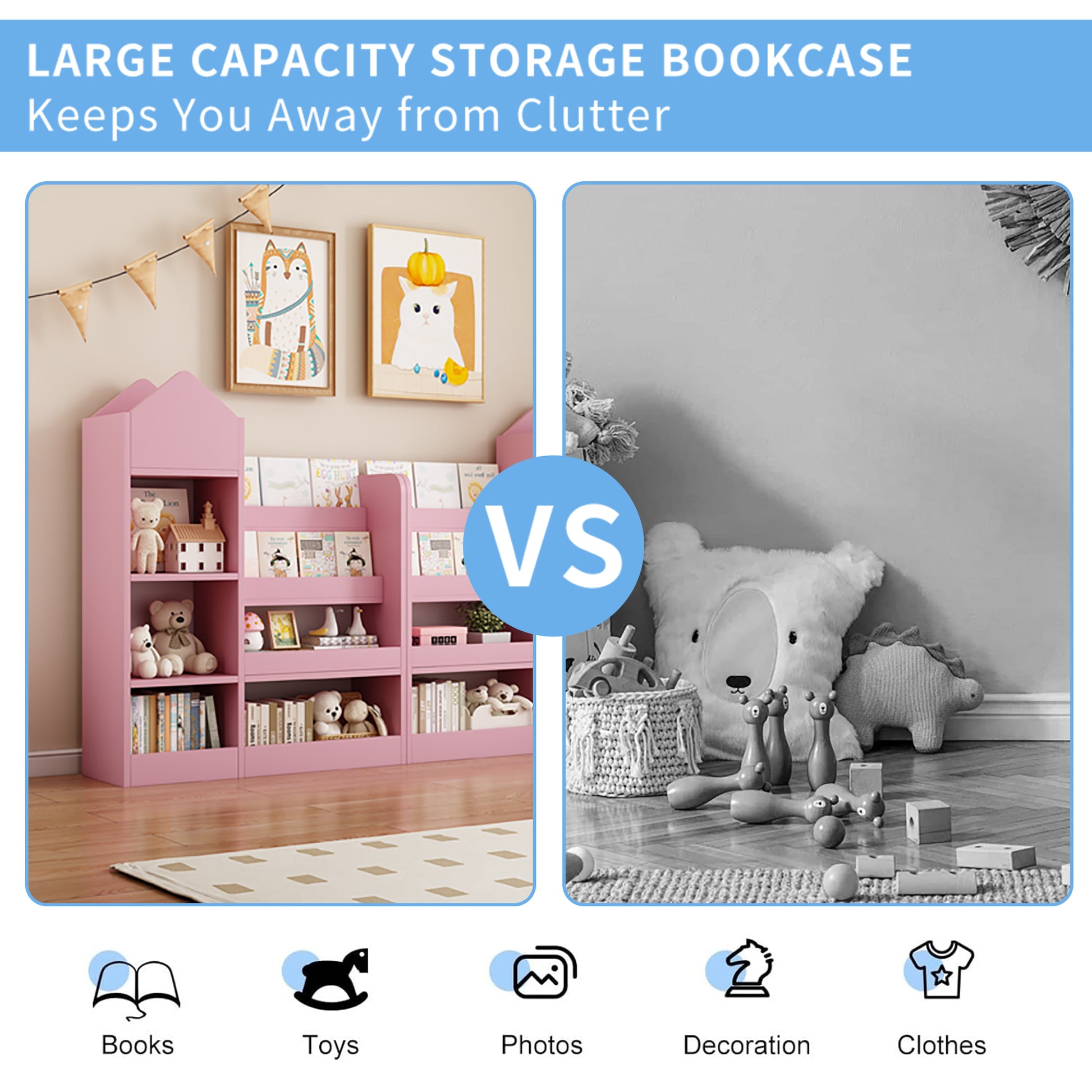 Pink cartoonthemed childrens bookcase with books and plush toys on shelves