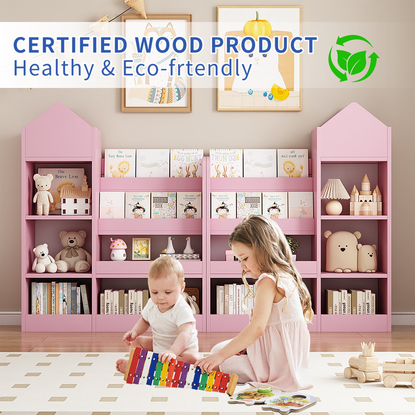 Pink houseshaped wooden bookshelf for kids room holds toys and books
