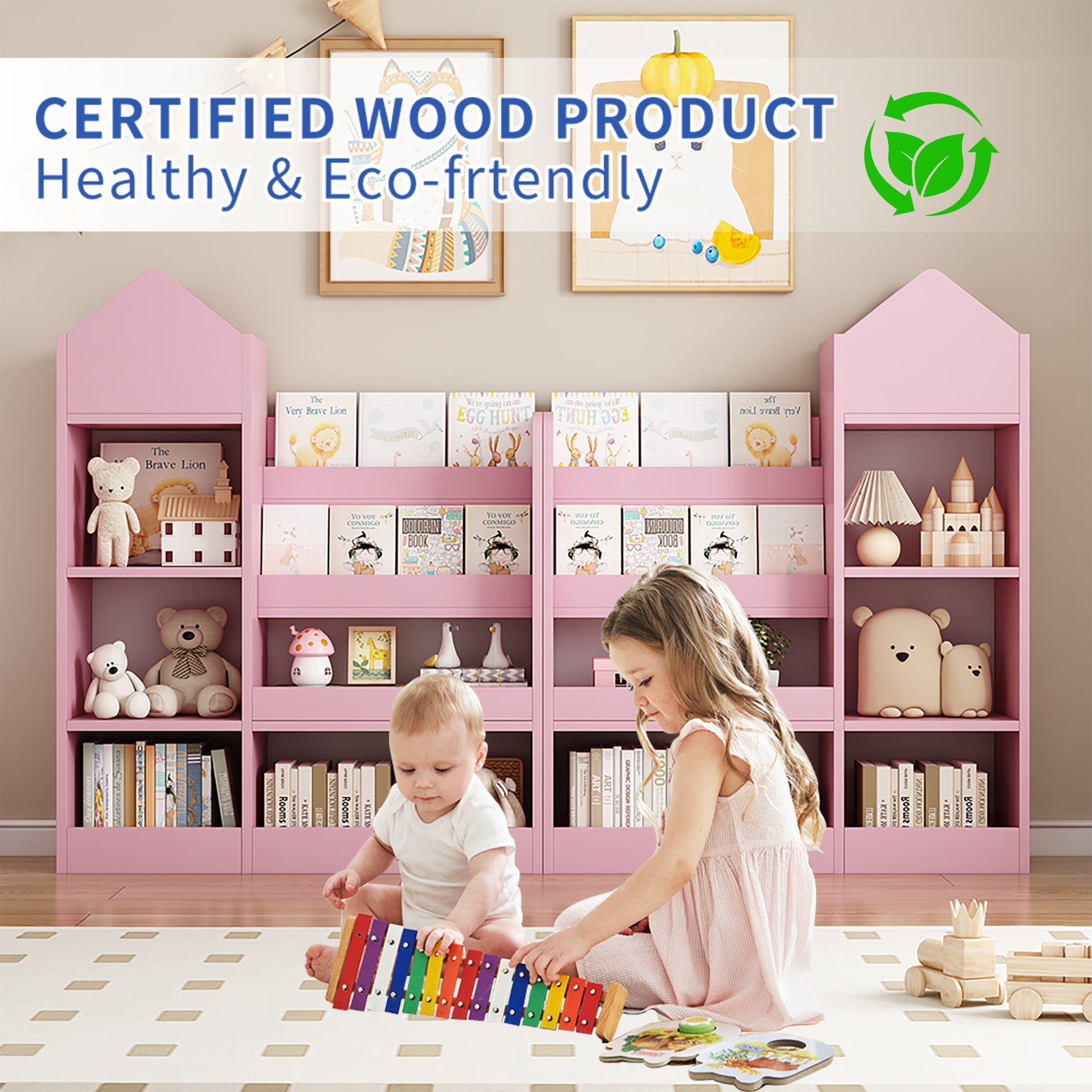 Pink houseshaped wooden bookshelf for kids room holds toys and books