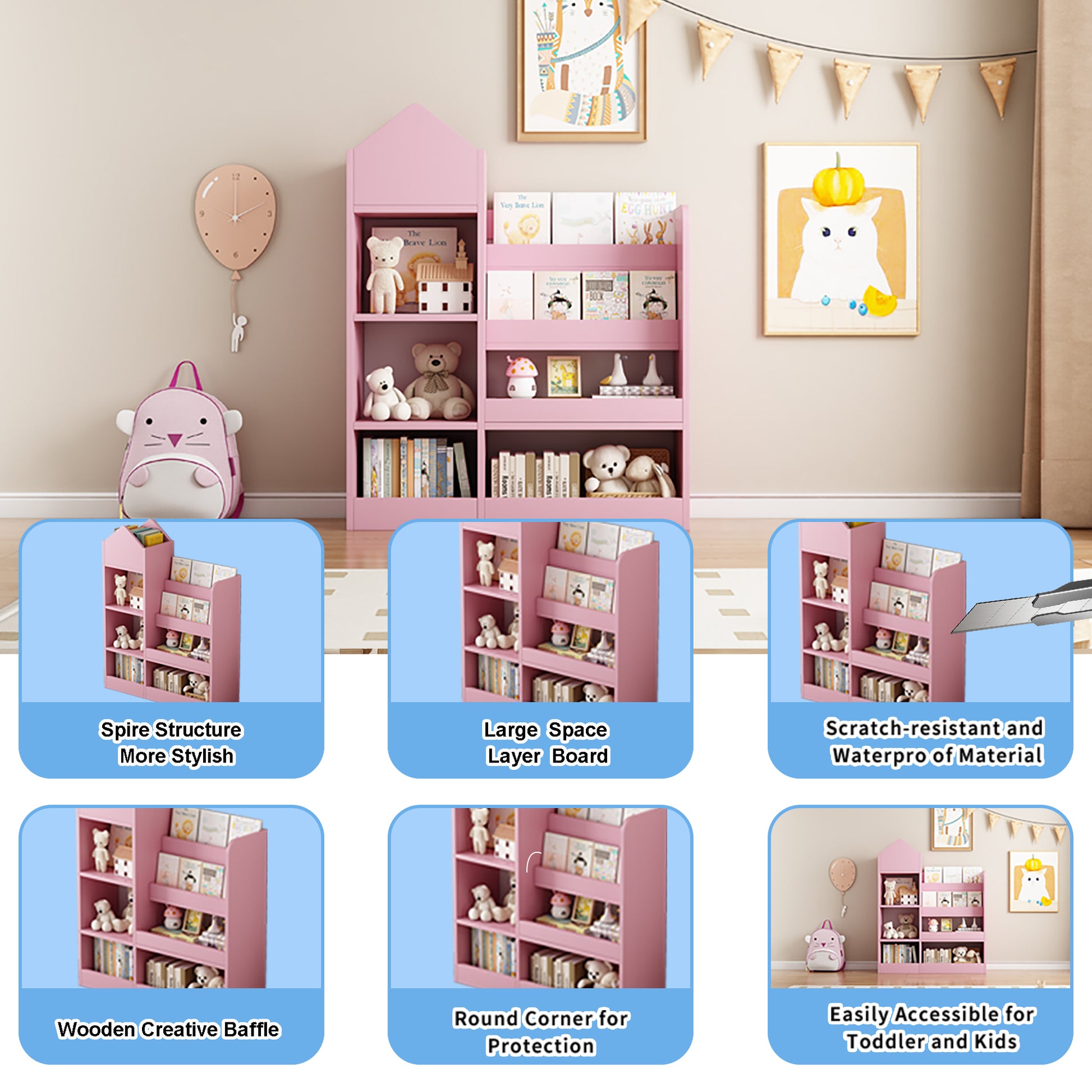 Pink childrens bookshelf with spire structure featuring toys and books