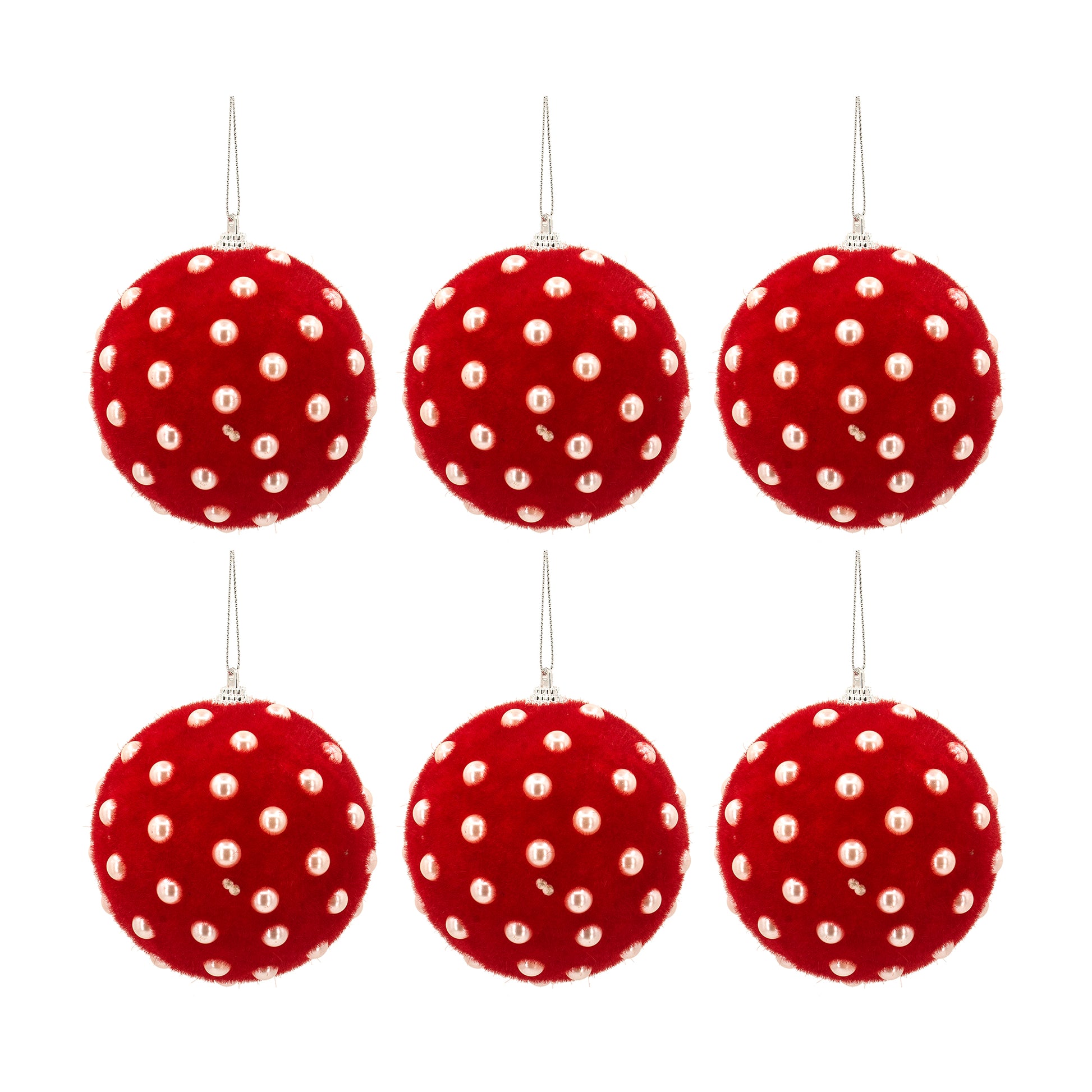 Red plush Christmas ornaments with pearl accents set of  for festive decor