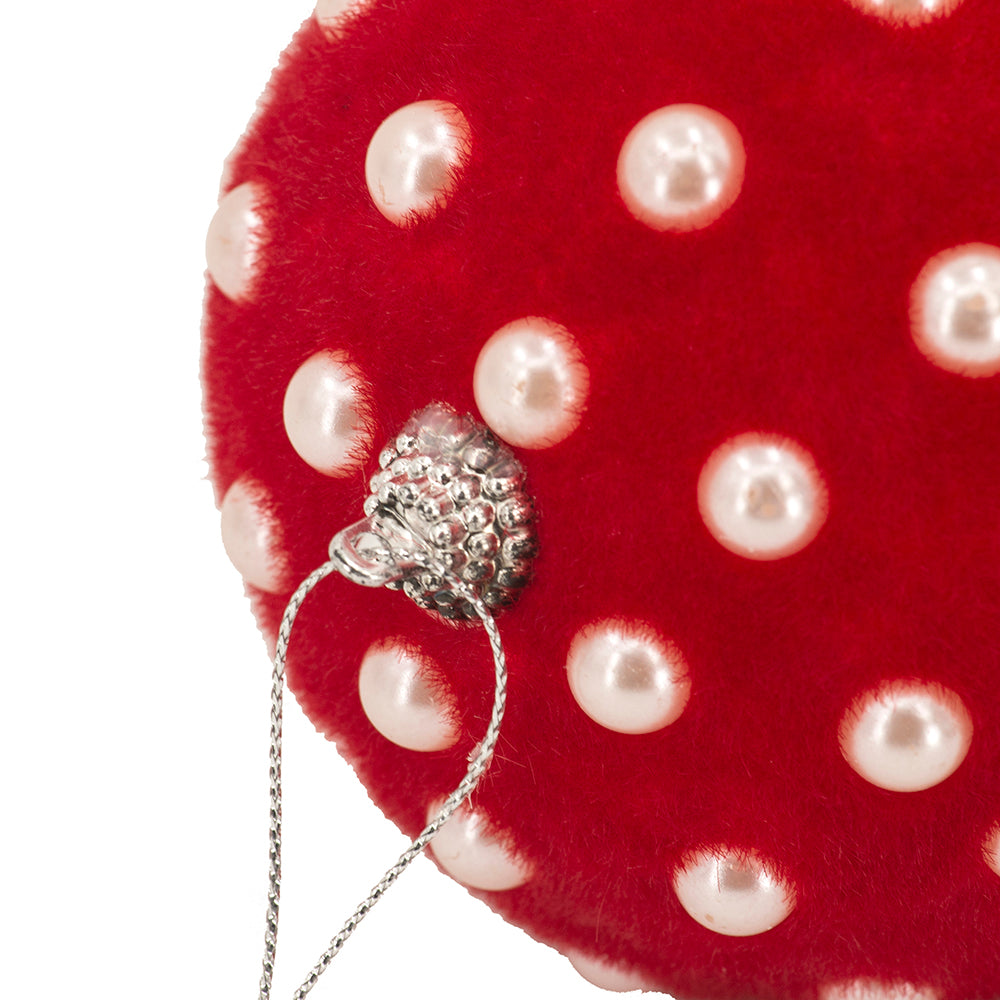 Red velvet heart ornament with white pearl polka dots and silver loop