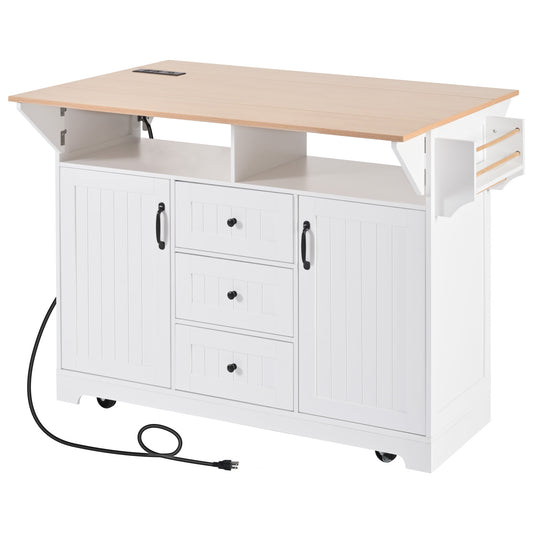 White kitchen island cart with natural wood top and builtin power outlet