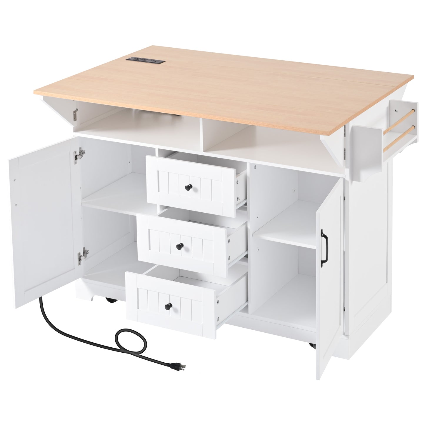 White kitchen island with natural wood top and builtin power outlets for convenience