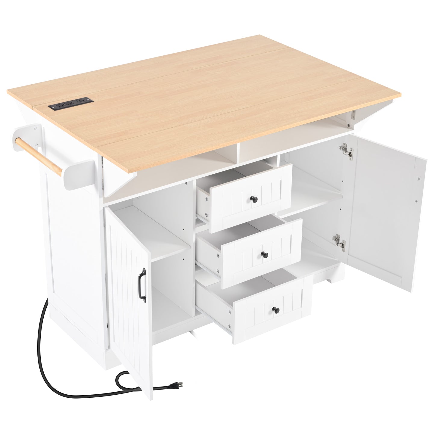 White kitchen island with a light wood top and builtin outlets