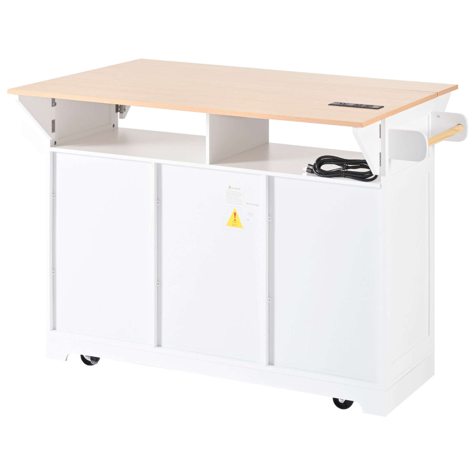 White kitchen island with natural wood top featuring drawers storage and wheels for mobility
