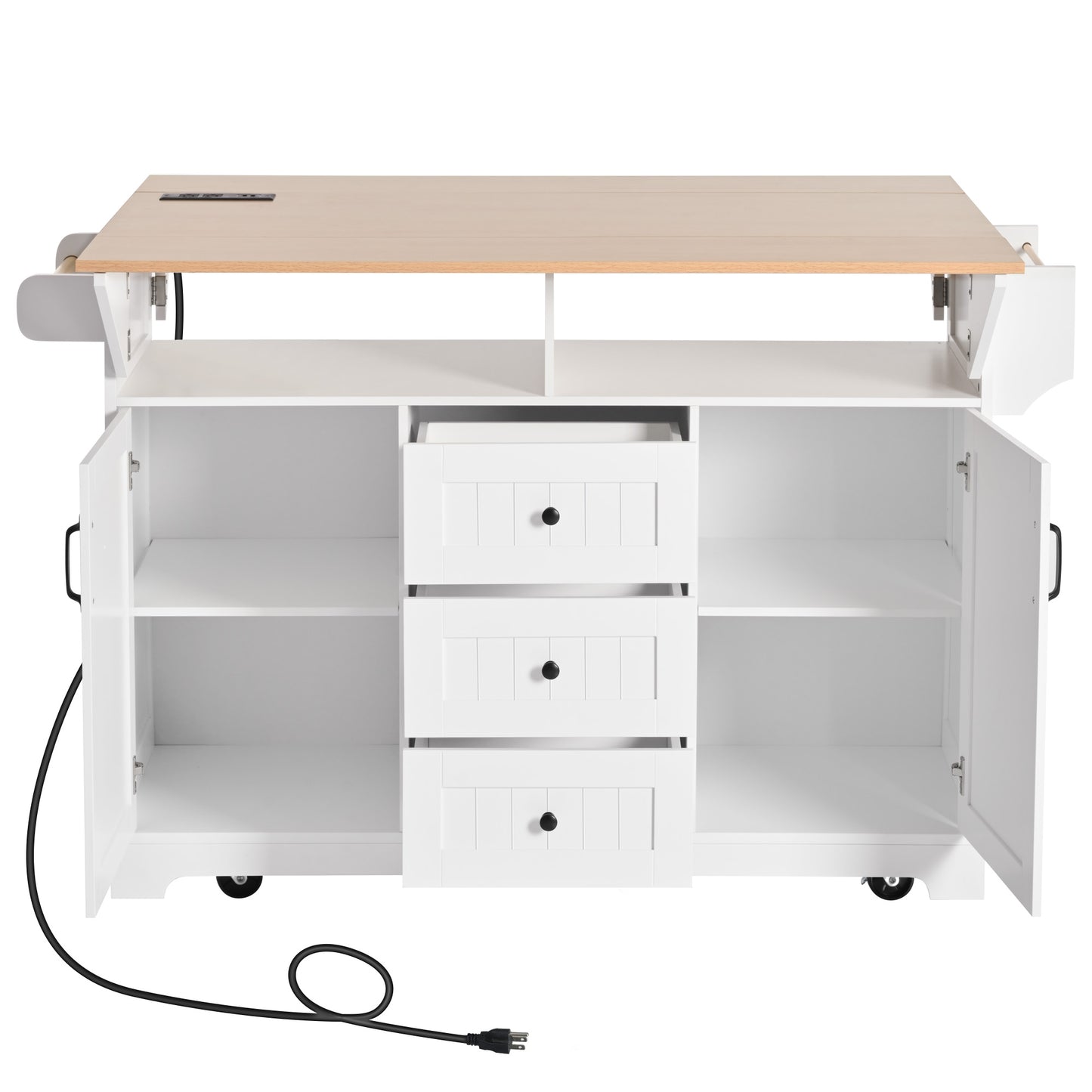 White craft cart with adjustable woodgrain top and storage cabinets
