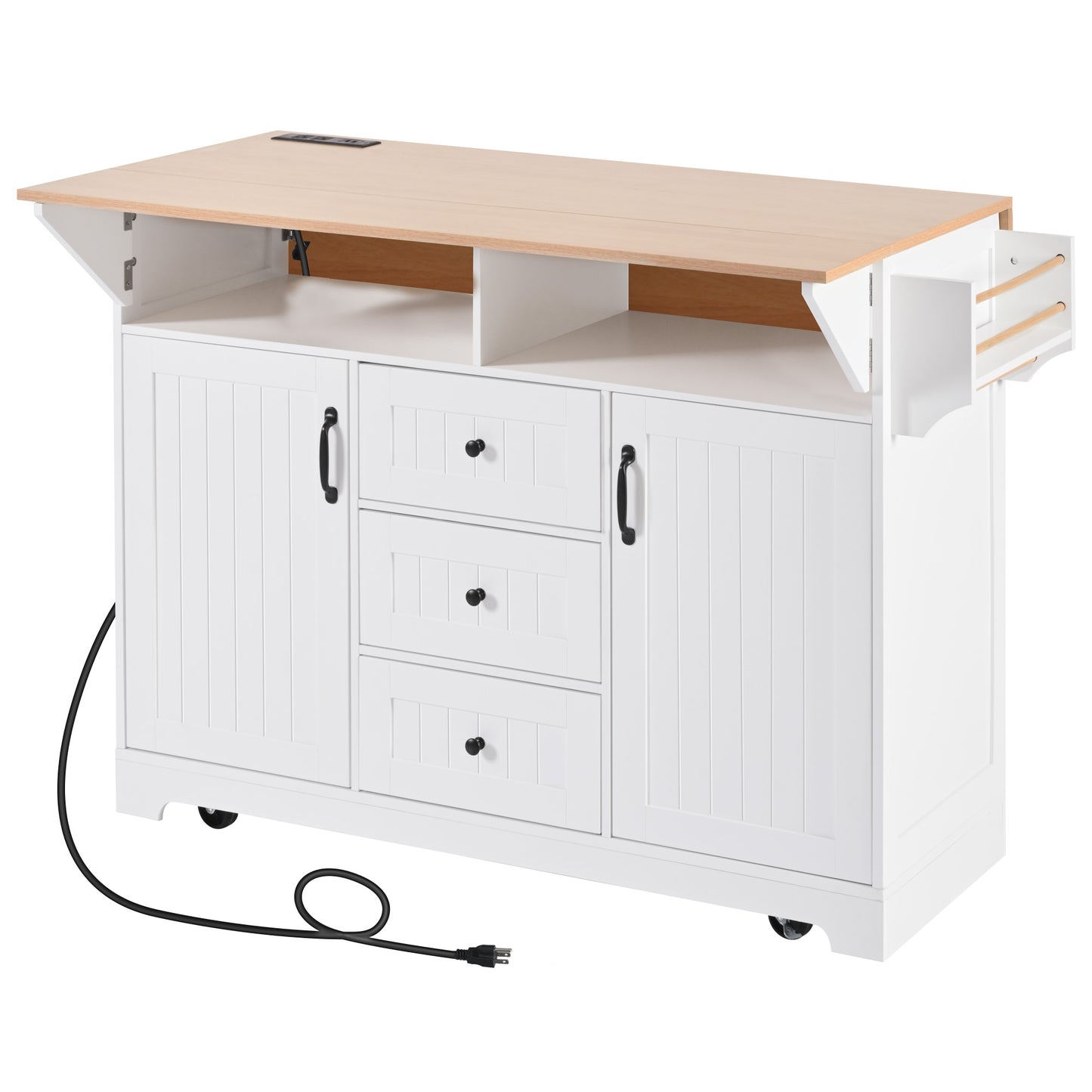White kitchen island cart with natural wood top three drawers two cabinets and builtin power outlet
