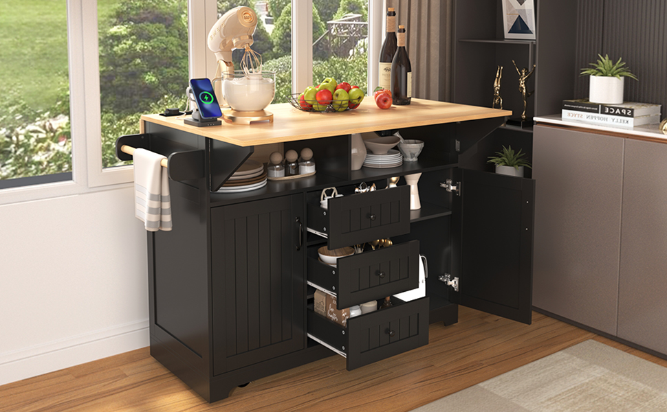 Black kitchen island with butcher block top and ample storage