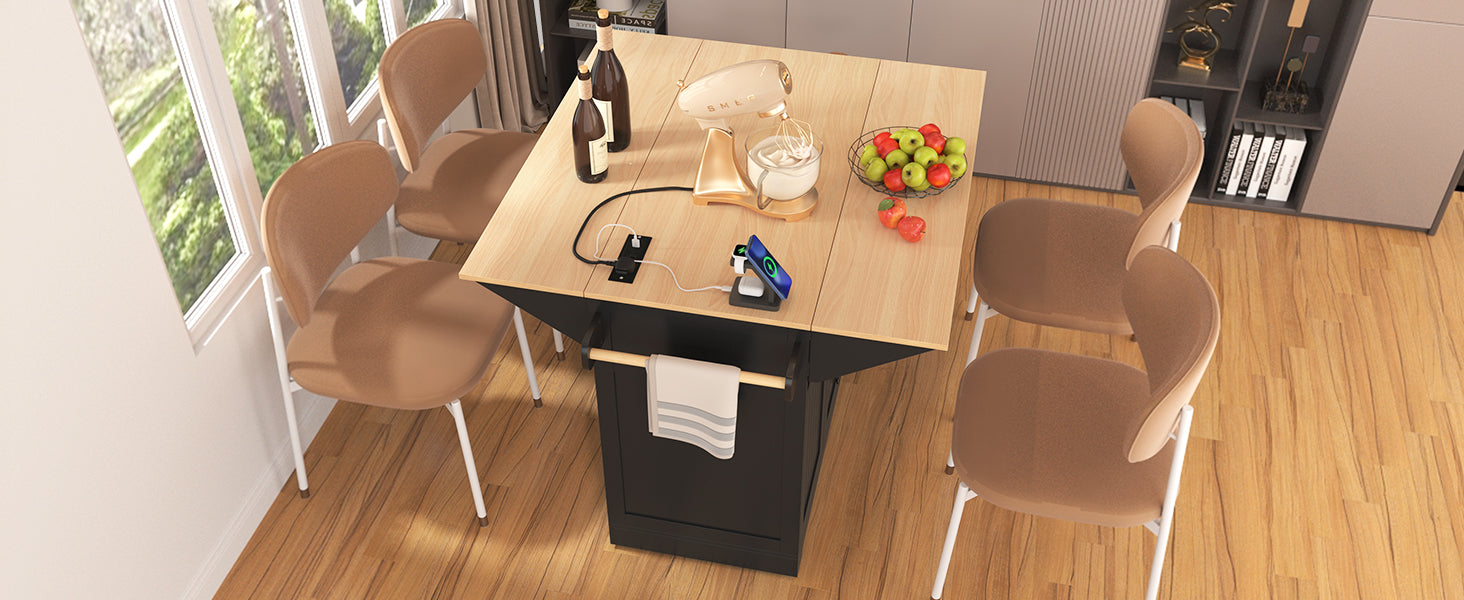 Compact kitchen island with builtin charging station and natural wood tabletop