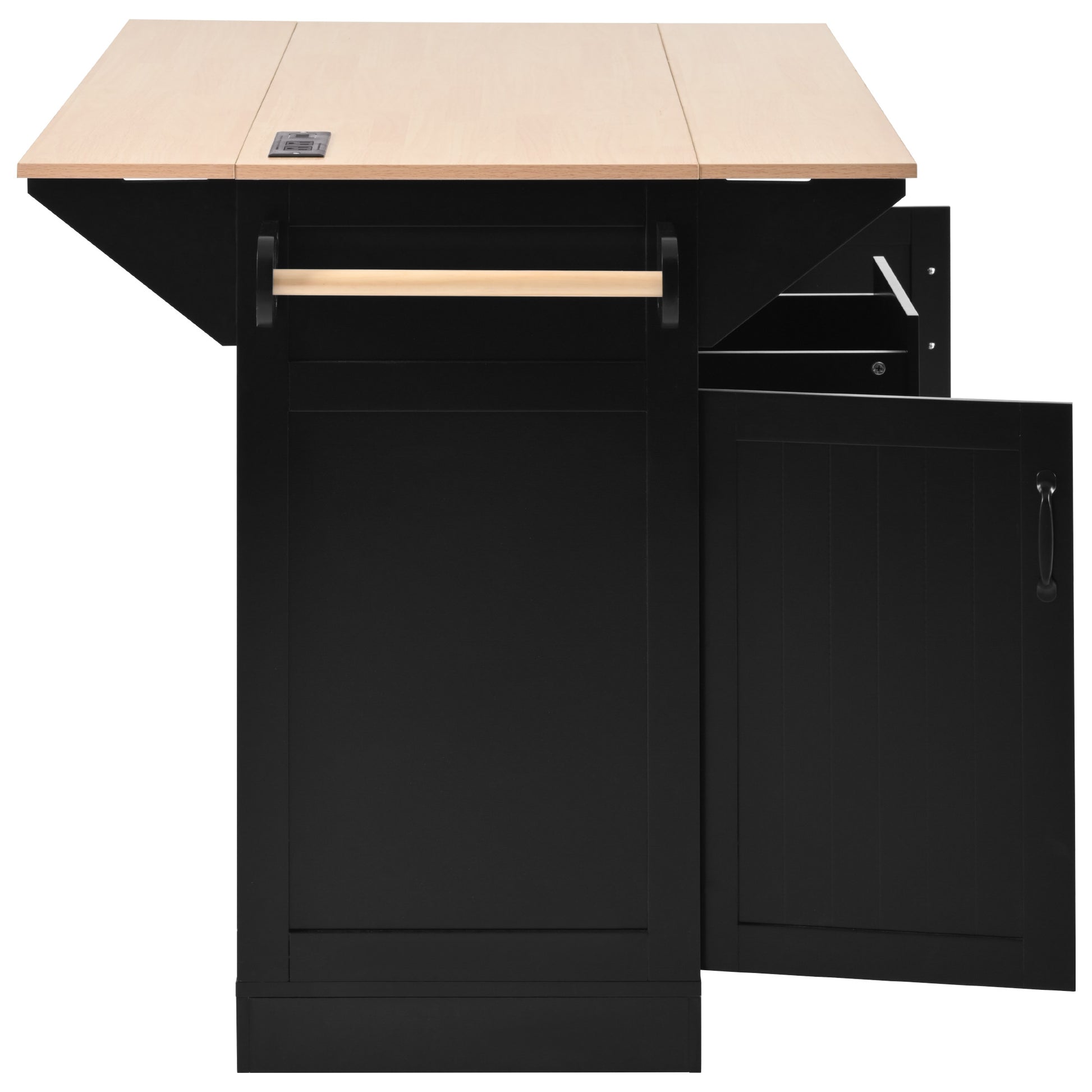 Black kitchen island with light wood top and integrated power outlet