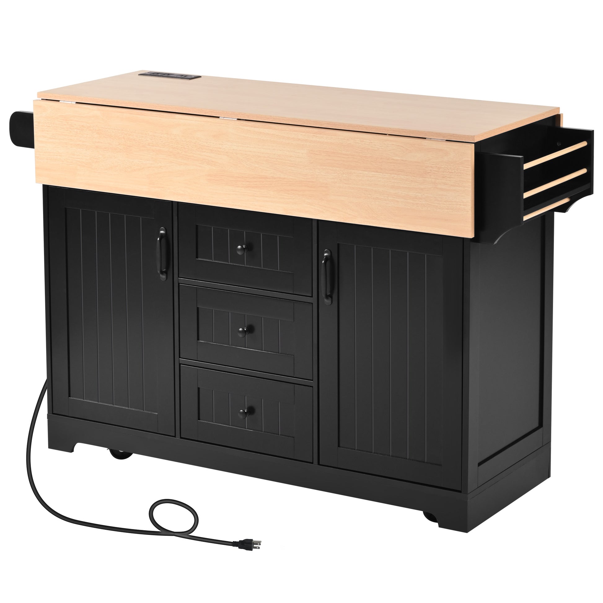 Black kitchen island with natural wood countertop and pullout drawers featuring power outlets