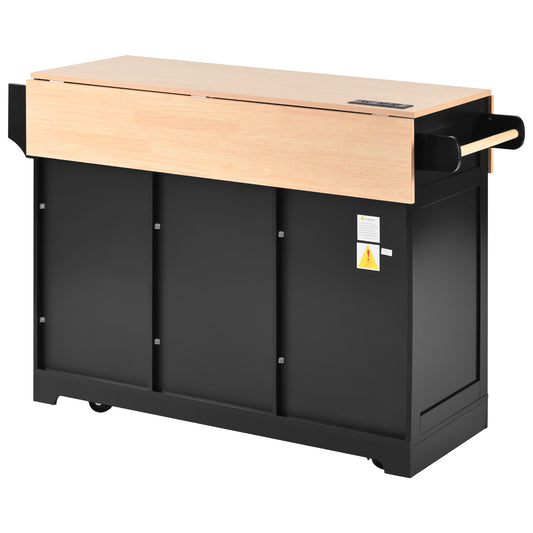Black and wood kitchen island cart with dropleaf top and integrated towel bar