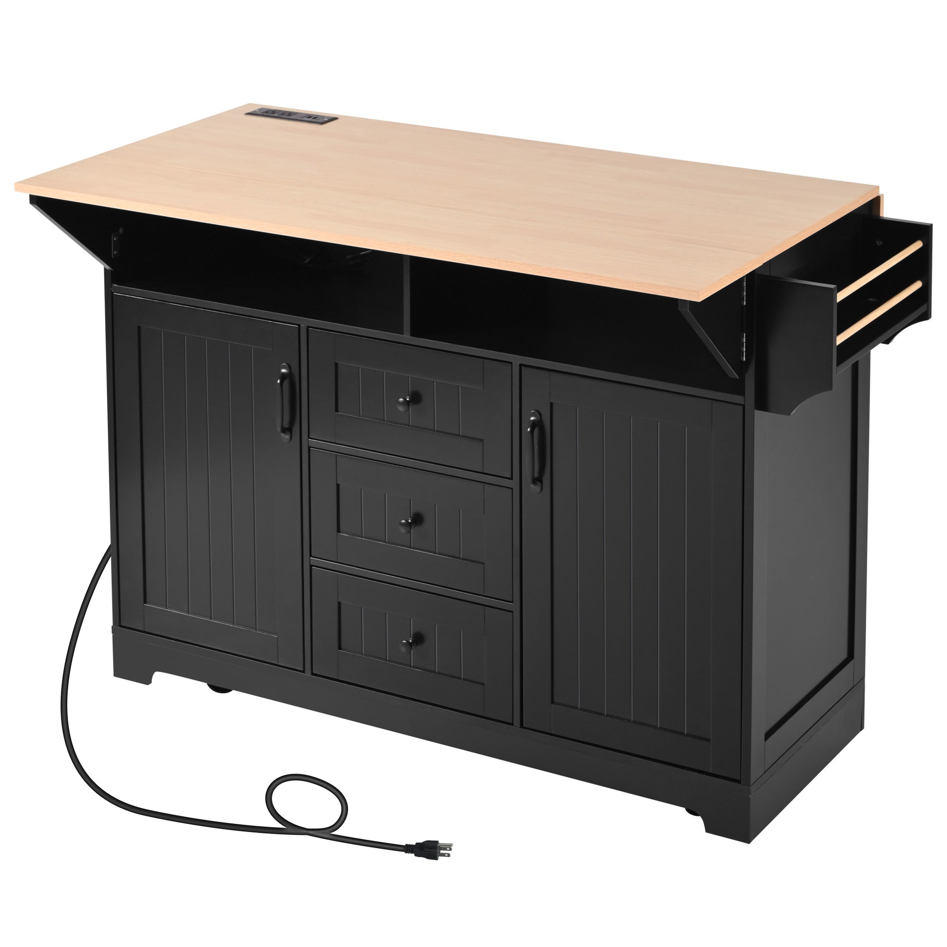 Black kitchen island with light wood top and builtin power outlet