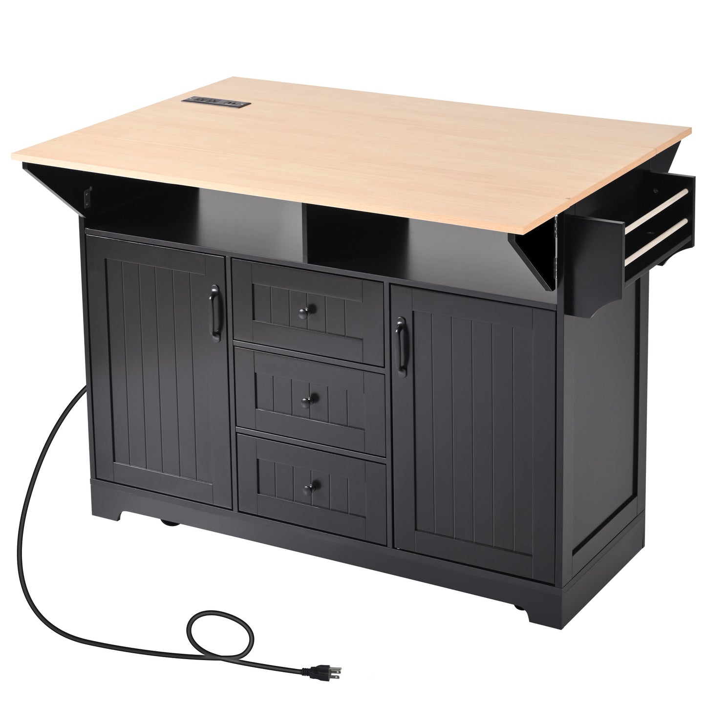 Black kitchen island with natural wood top and builtin power strip