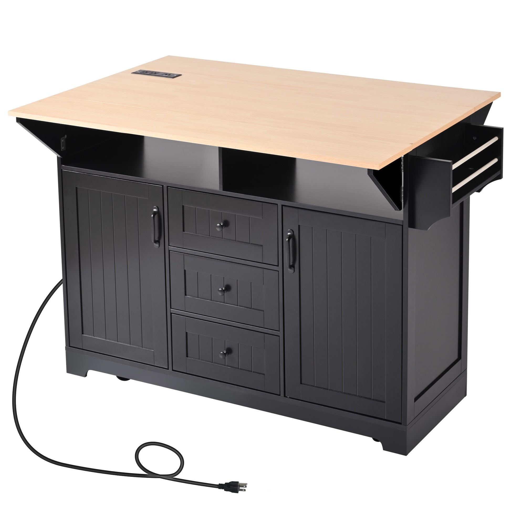 Black kitchen island with natural wood top and builtin power strip