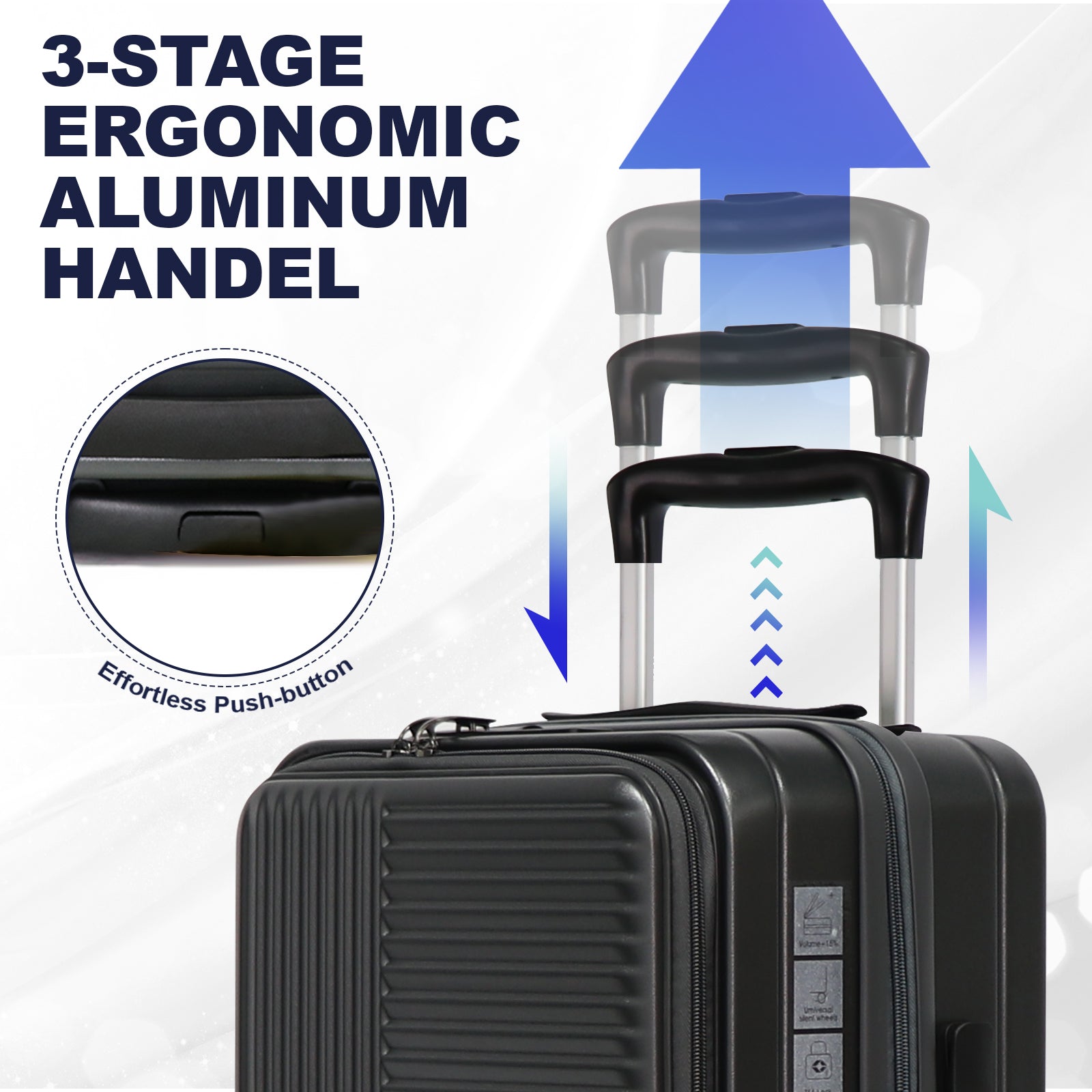 Black hardside luggage with a stage ergonomic aluminum handle