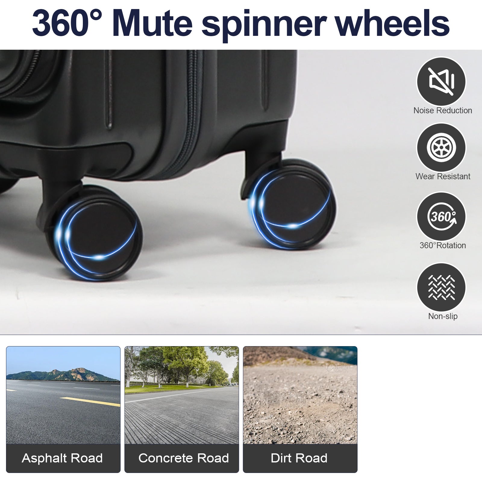 Black suitcase with  degree mute spinner wheels featuring noise reduction and wear resistance