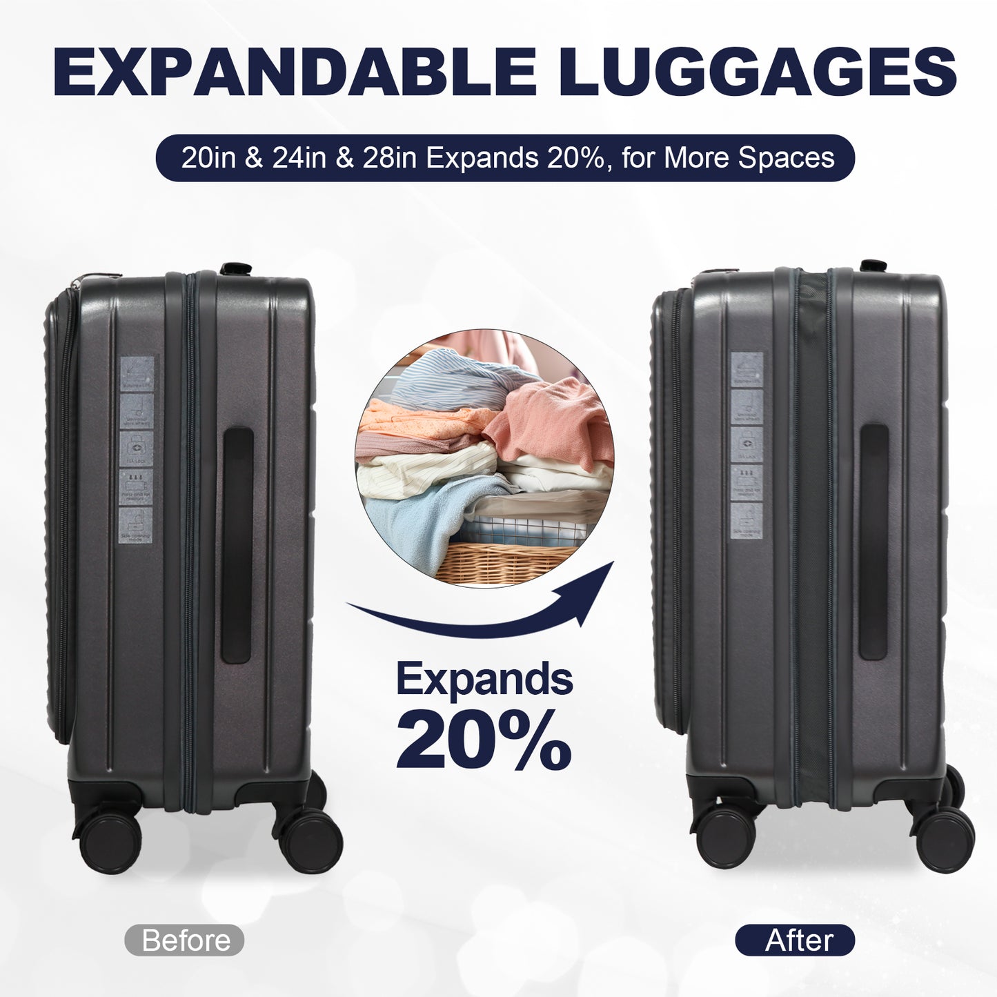 Gray hardshell expandable luggage with spinner wheels shows  more space