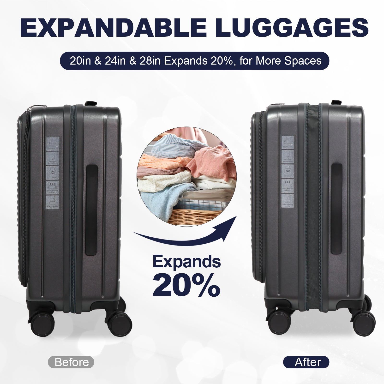 Gray hardshell expandable luggage with spinner wheels shows  more space