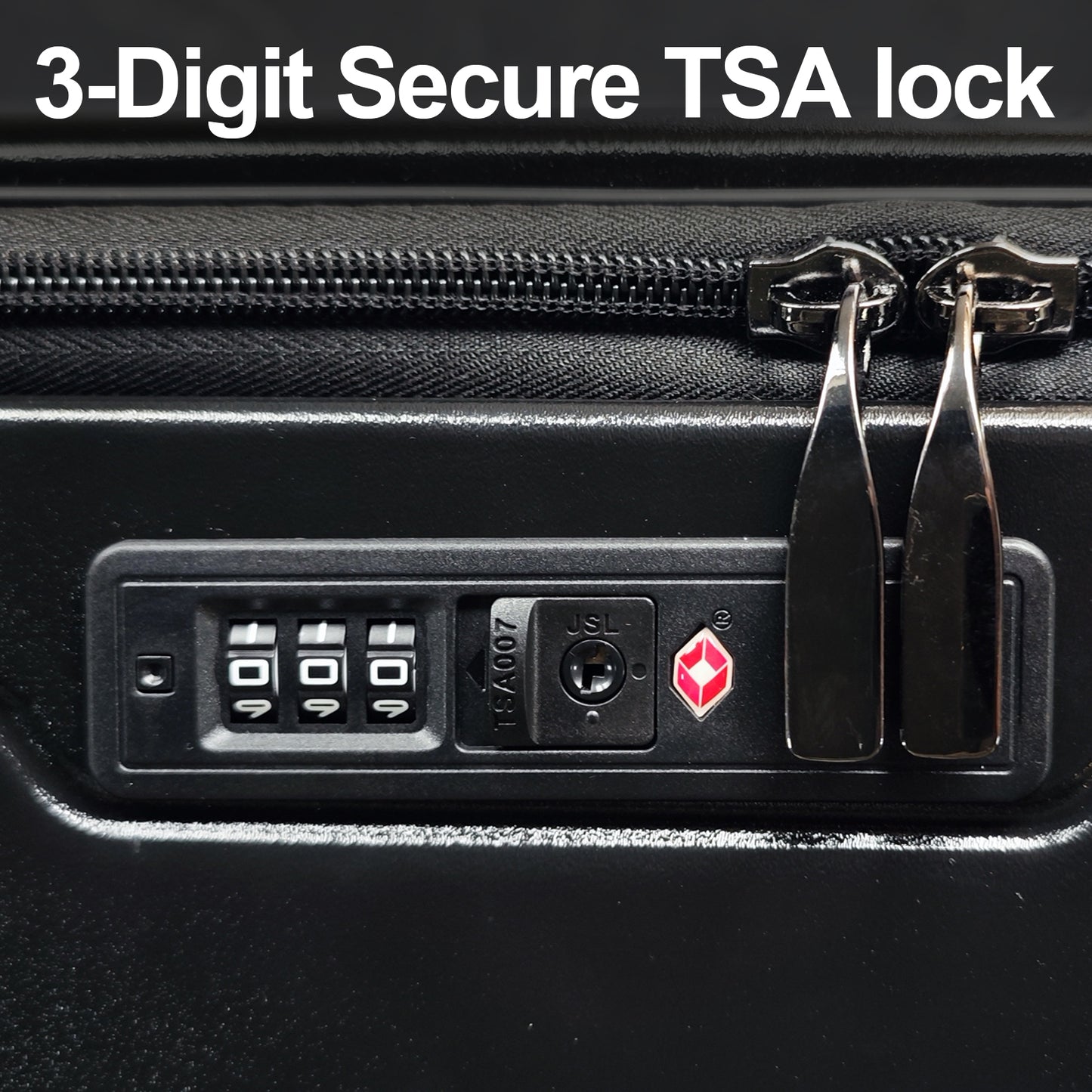 Black luggage digit TSA lock with shiny metal pull tabs