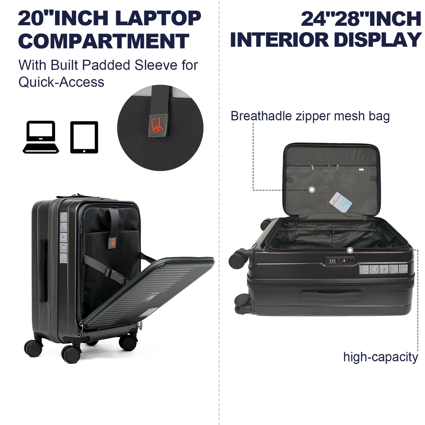 Black carryon luggage with padded inch laptop compartment and quickaccess sleeve