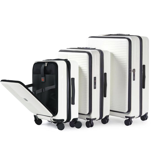 Set of three white hardside luggage pieces with TSA locks and spinner wheels