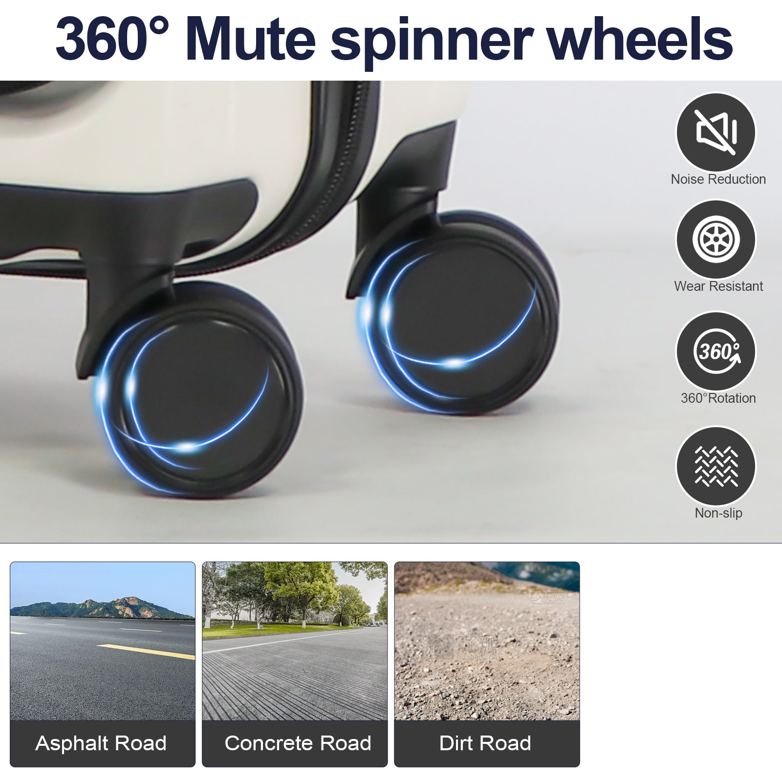 Black  mute spinner wheels with blue light accents perfect for luggage