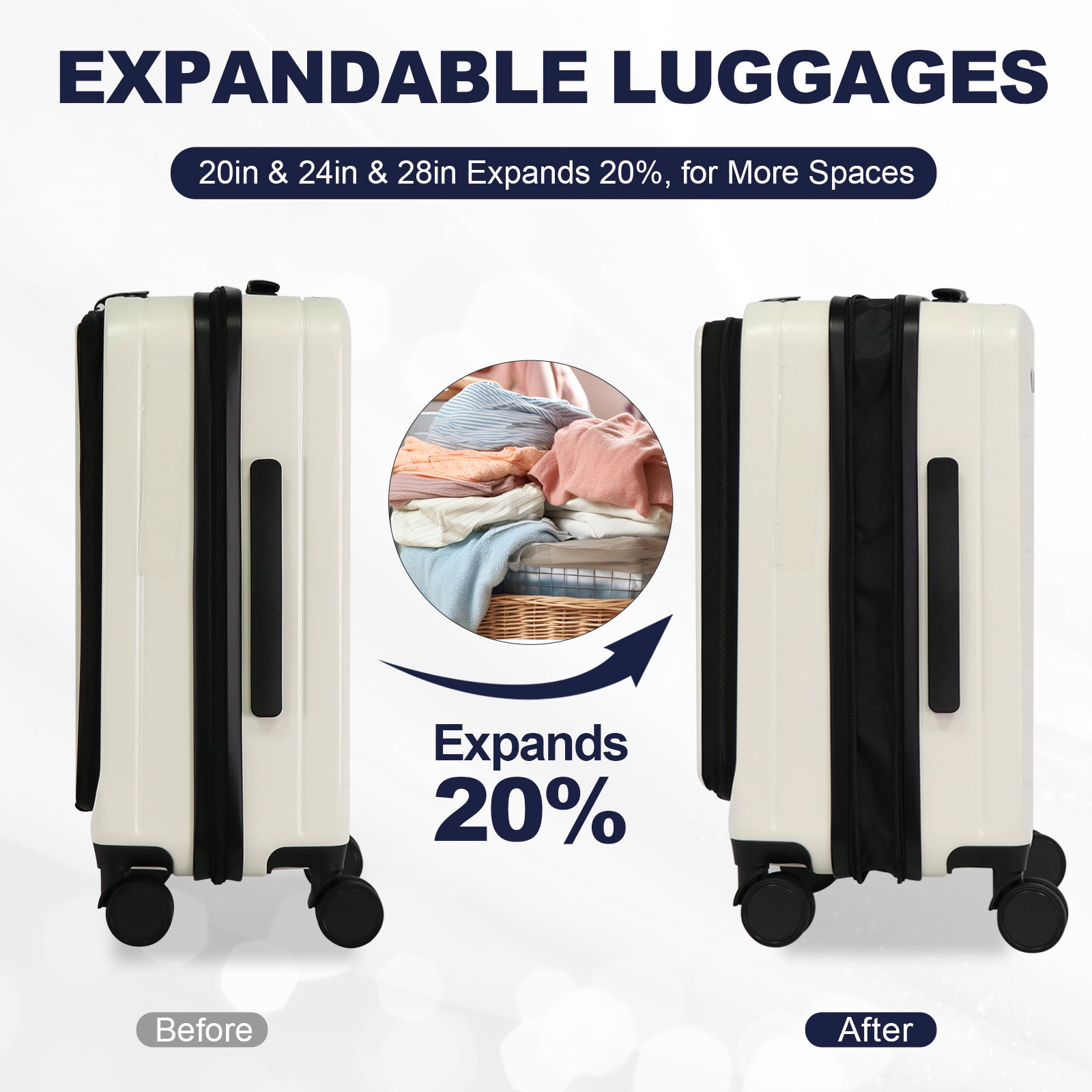 Cream expandable luggage case shown before expansion