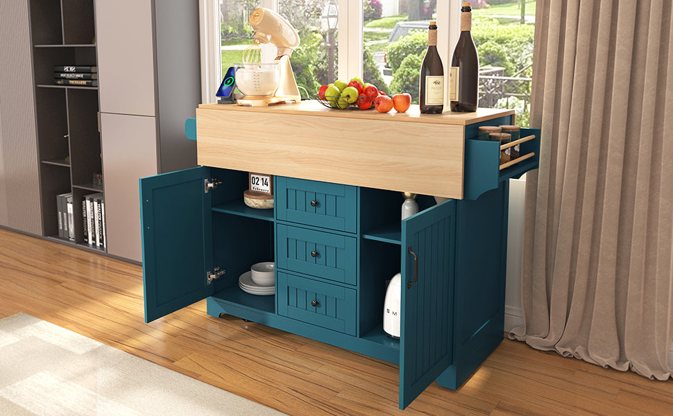 Teal kitchen island cart with natural wood countertop and storage drawers