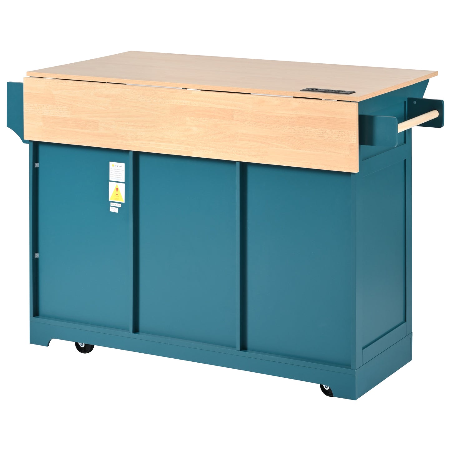 Teal kitchen island cart with dropleaf wood countertop and integrated power strip